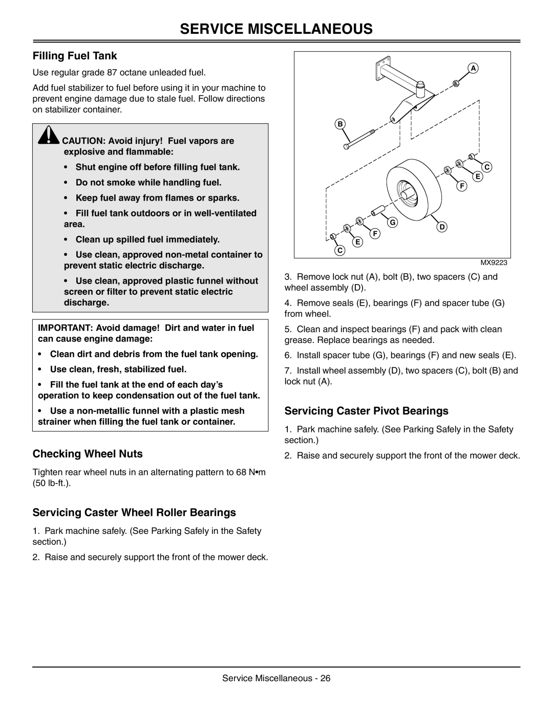 Great Dane GDRZ25KAE Service Miscellaneous, Filling Fuel Tank, Checking Wheel Nuts, Servicing Caster Wheel Roller Bearings 