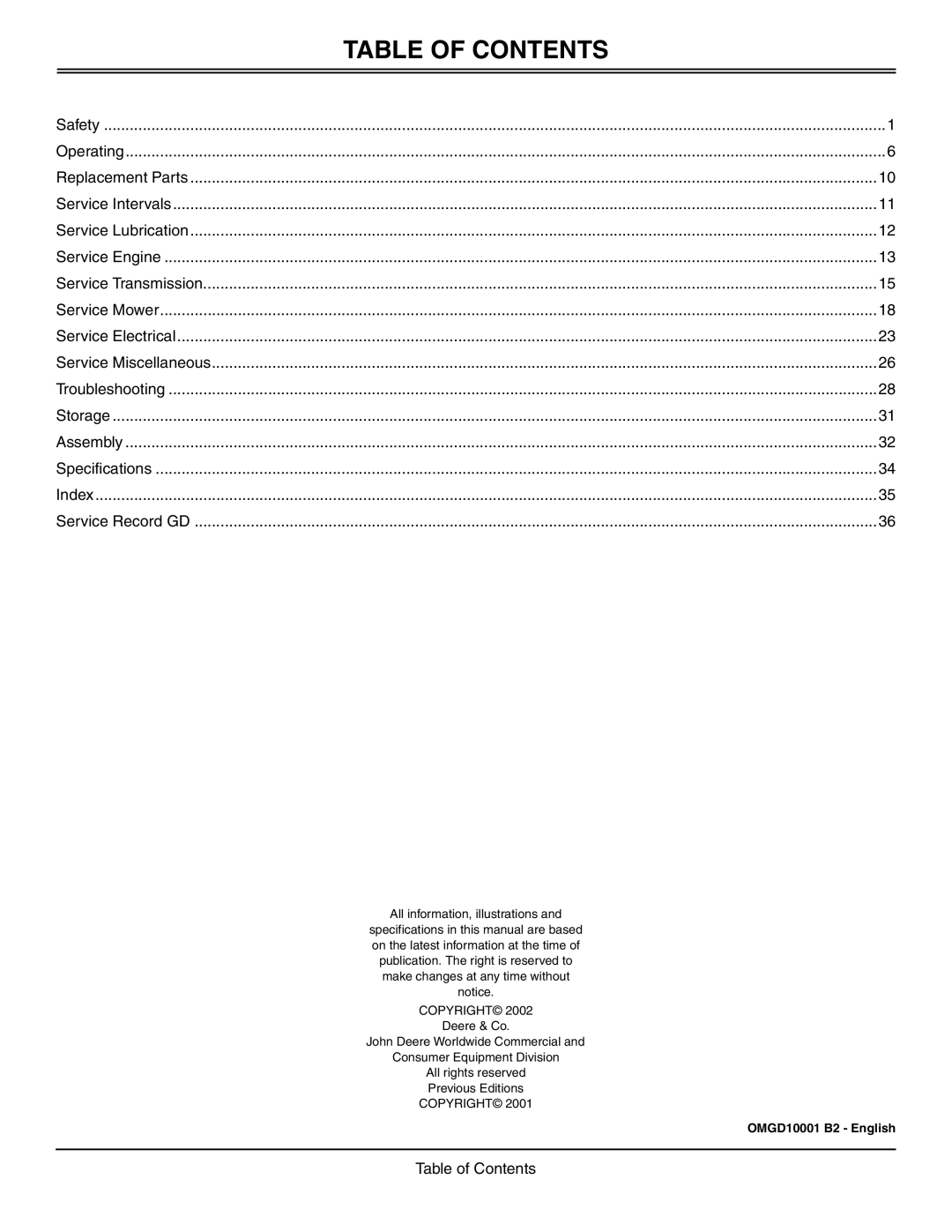 Great Dane GDRZ25KHE, GDRZ26KHE, GDRZ25KAE manual Table of Contents 