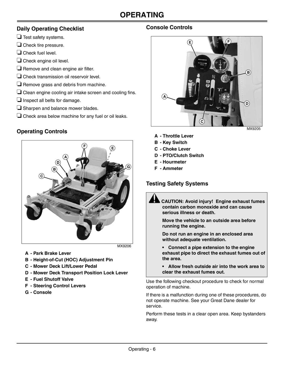 Great Dane GDRZ25KHE, GDRZ26KHE Daily Operating Checklist, Console Controls Operating Controls, Testing Safety Systems 