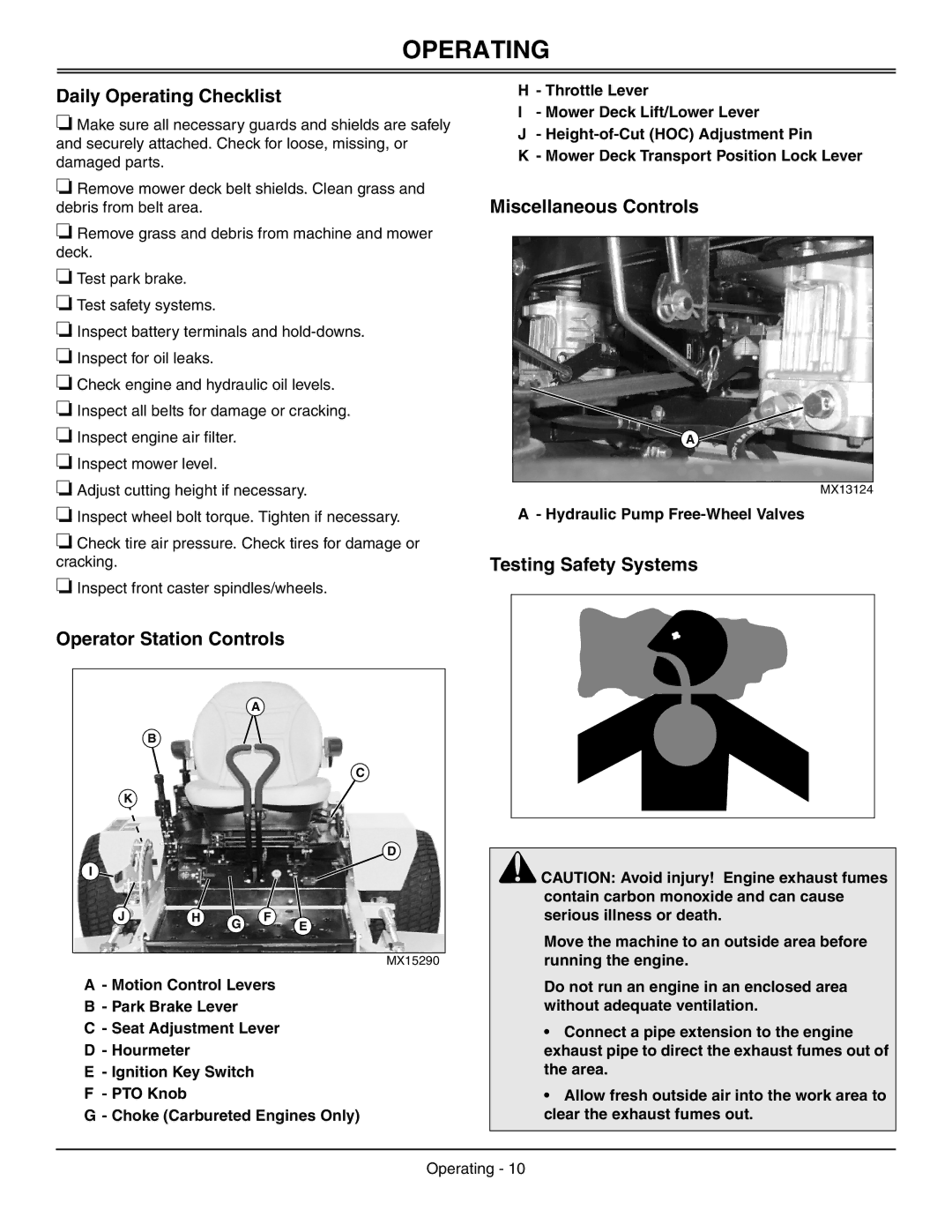 Great Dane GDRZ61-28KHE, GDRZ72-27KHE Daily Operating Checklist, Operator Station Controls, Miscellaneous Controls 