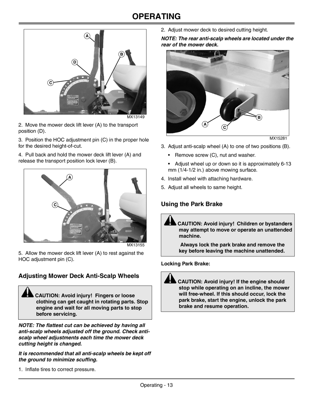 Great Dane GDRZ52-23KAE, GDRZ72-27KHE, GDRZ61-25KAE manual Adjusting Mower Deck Anti-Scalp Wheels, Using the Park Brake 