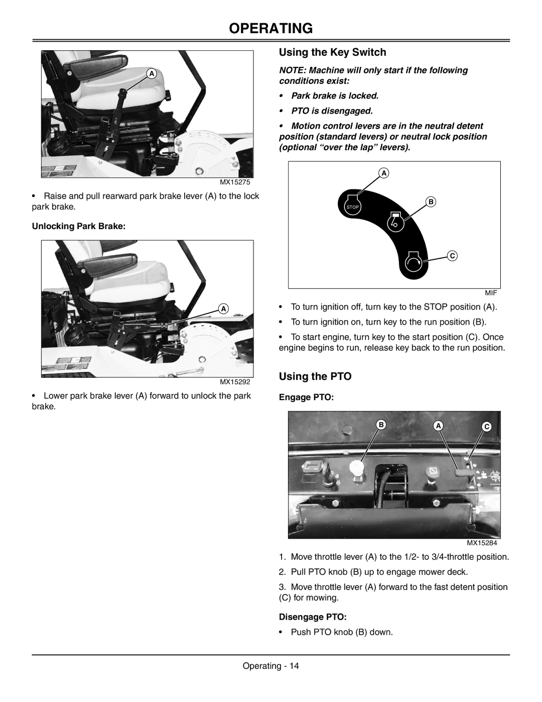 Great Dane GDRZ52-25KAE, GDRZ72-27KHE Using the Key Switch, Using the PTO, Unlocking Park Brake, Engage PTO, Disengage PTO 