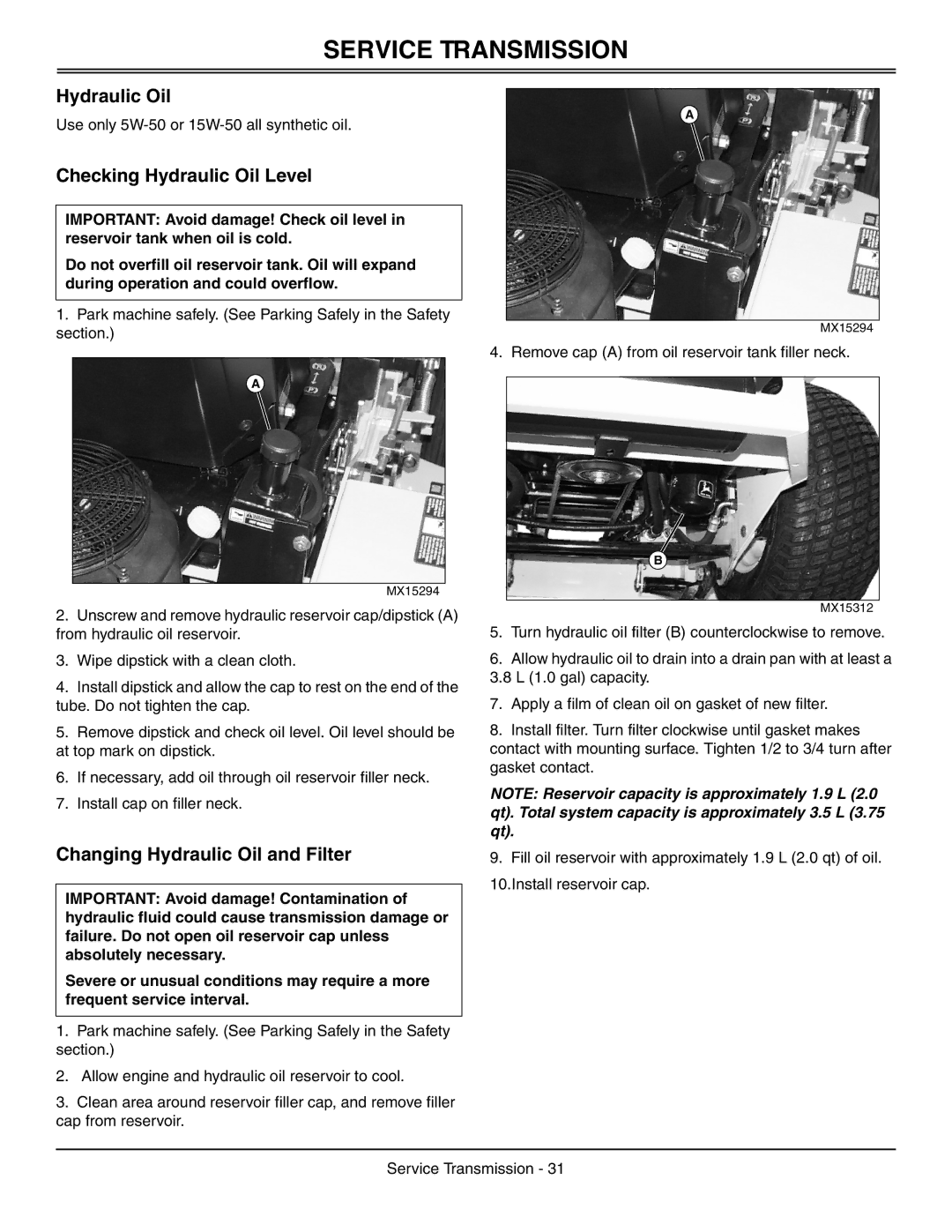 Great Dane GDRZ48-19KAE manual Service Transmission, Checking Hydraulic Oil Level, Changing Hydraulic Oil and Filter 