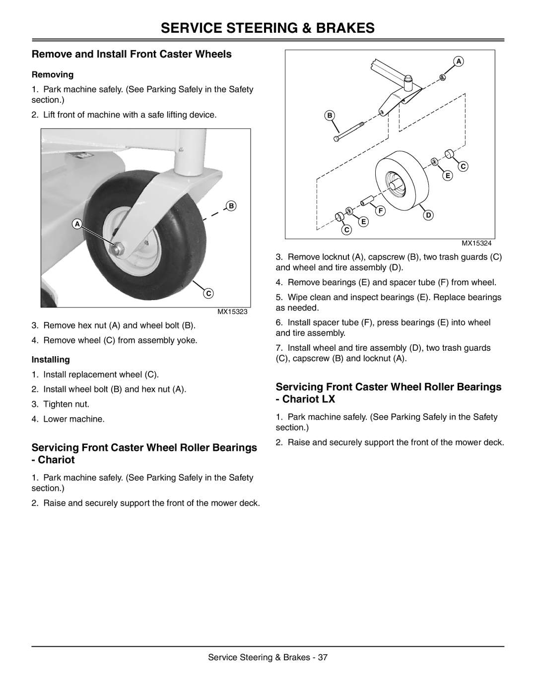 Great Dane GDRZ52-23KAE, GDRZ72-27KHE, GDRZ61-25KAE manual Service Steering & Brakes, Remove and Install Front Caster Wheels 