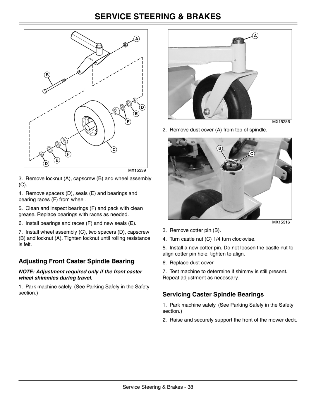 Great Dane GDRZ52-25KAE, GDRZ72-27KHE manual Adjusting Front Caster Spindle Bearing, Servicing Caster Spindle Bearings 