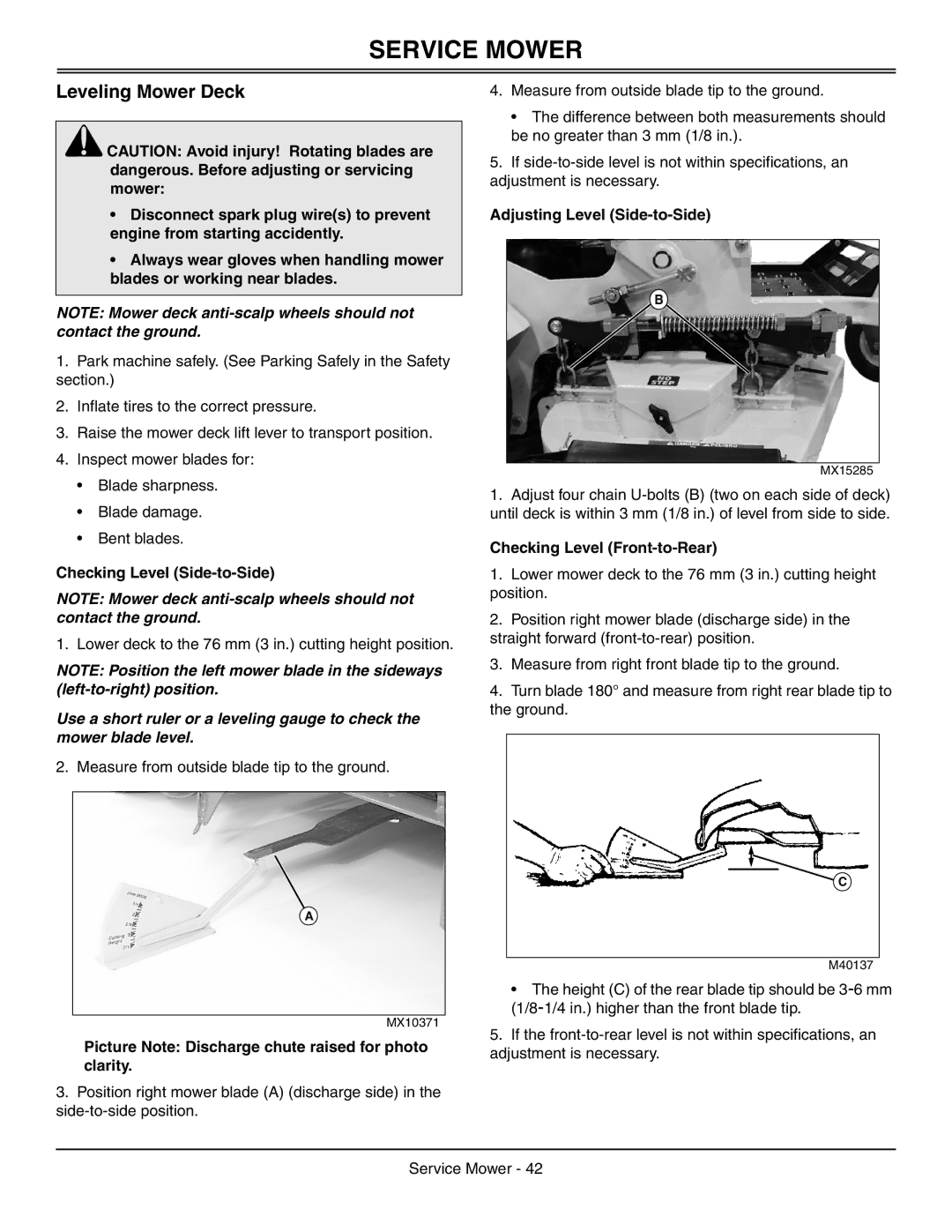 Great Dane GDRZ61-25KHE, GDRZ72-27KHE manual Leveling Mower Deck, Checking Level Side-to-Side, Adjusting Level Side-to-Side 