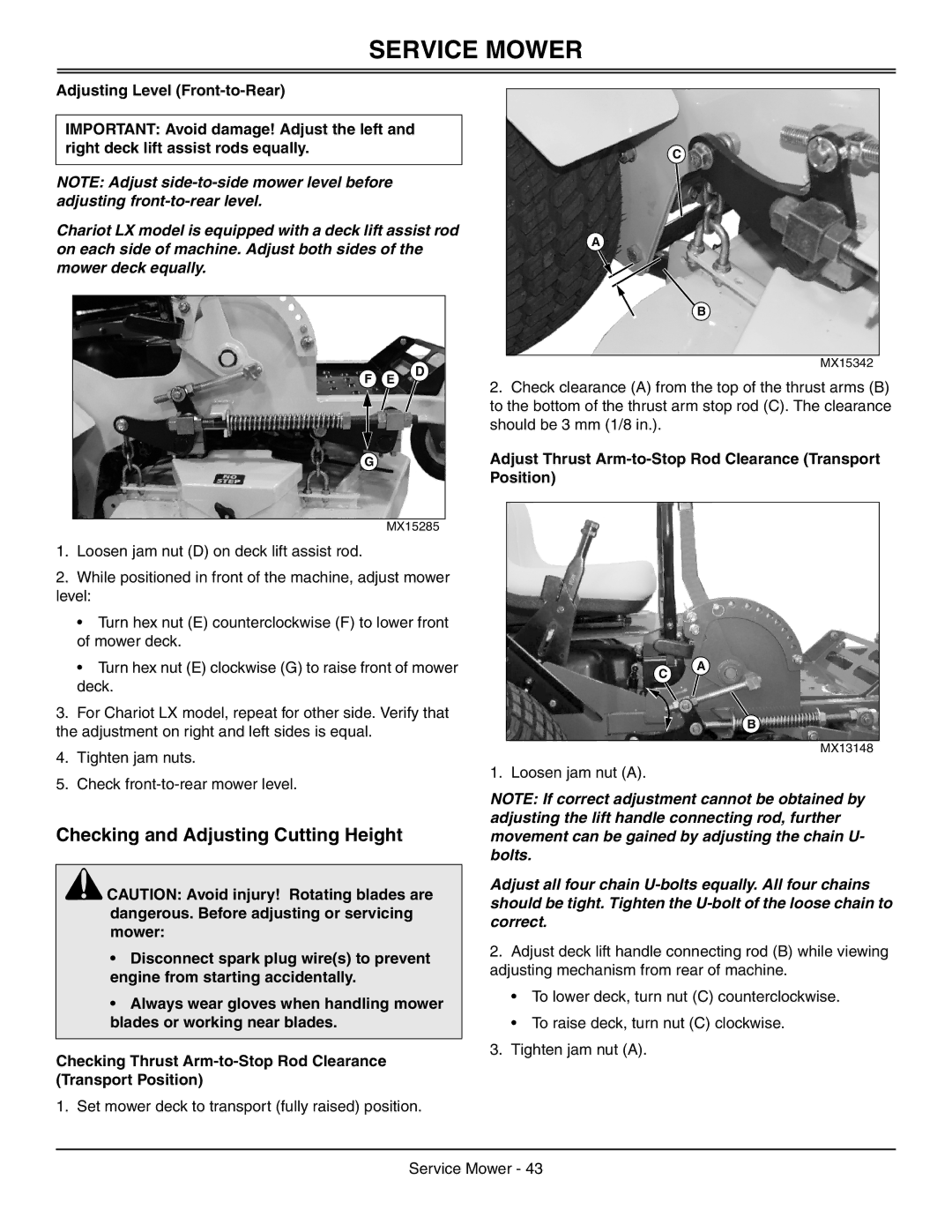 Great Dane GDRZ48-19KAE Checking and Adjusting Cutting Height, Adjust Thrust Arm-to-Stop Rod Clearance Transport Position 