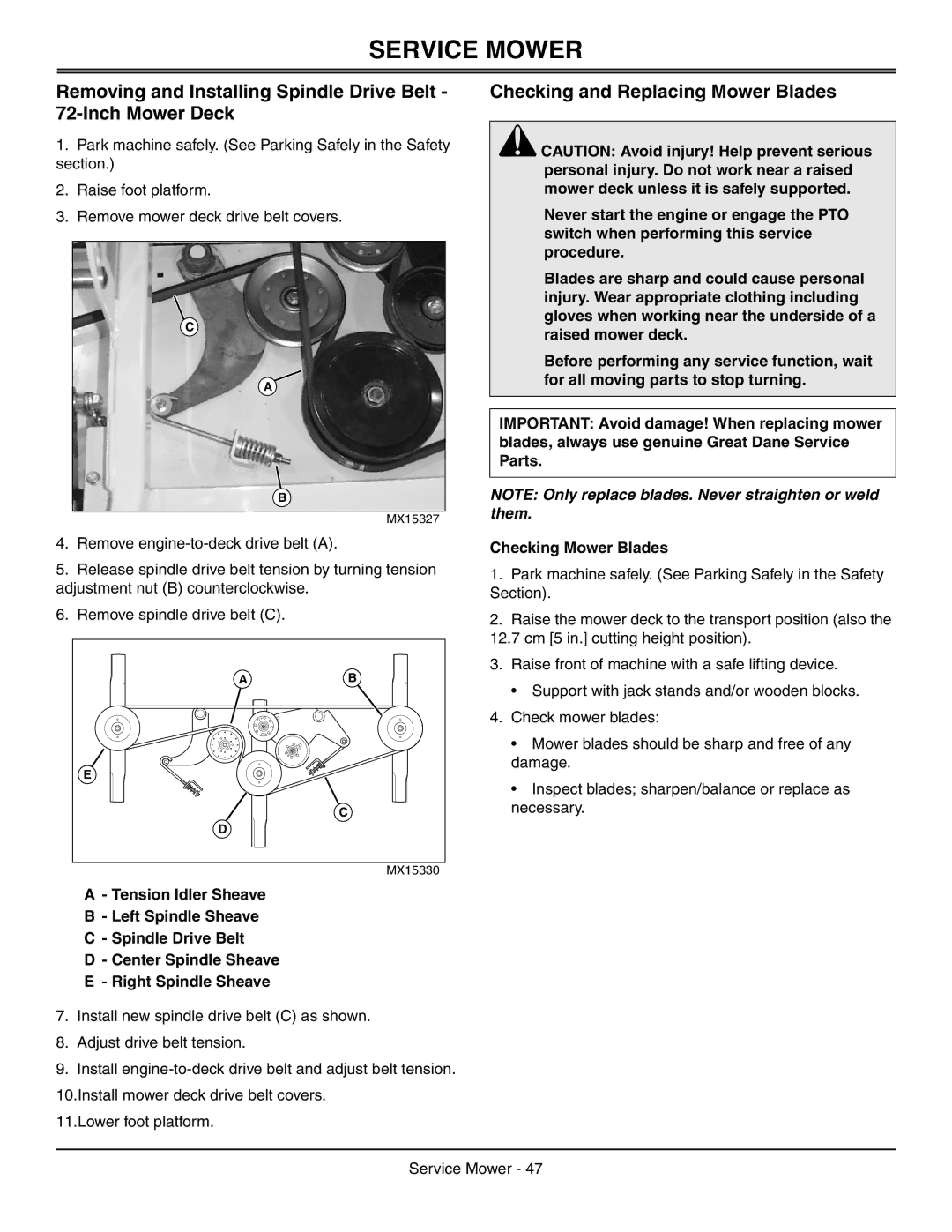 Great Dane GDRZ61-26KHE, GDRZ72-27KHE, GDRZ61-25KAE, GDRZ61-28KHE, GDRZ52-25KHE manual Checking and Replacing Mower Blades 