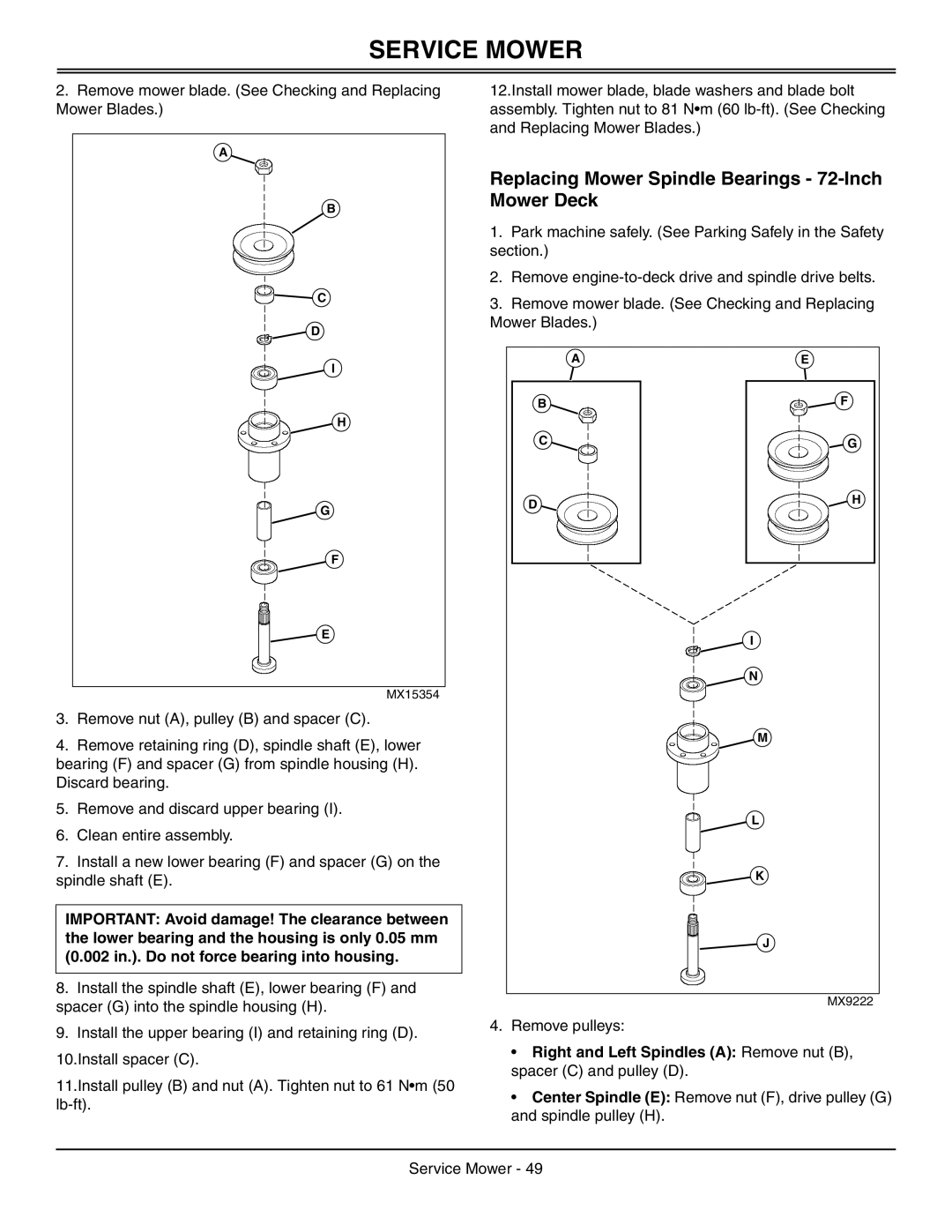 Great Dane GDRZ52-23KAE, GDRZ72-27KHE, GDRZ61-25KAE, GDRZ61-28KHE manual Replacing Mower Spindle Bearings 72-Inch Mower Deck 