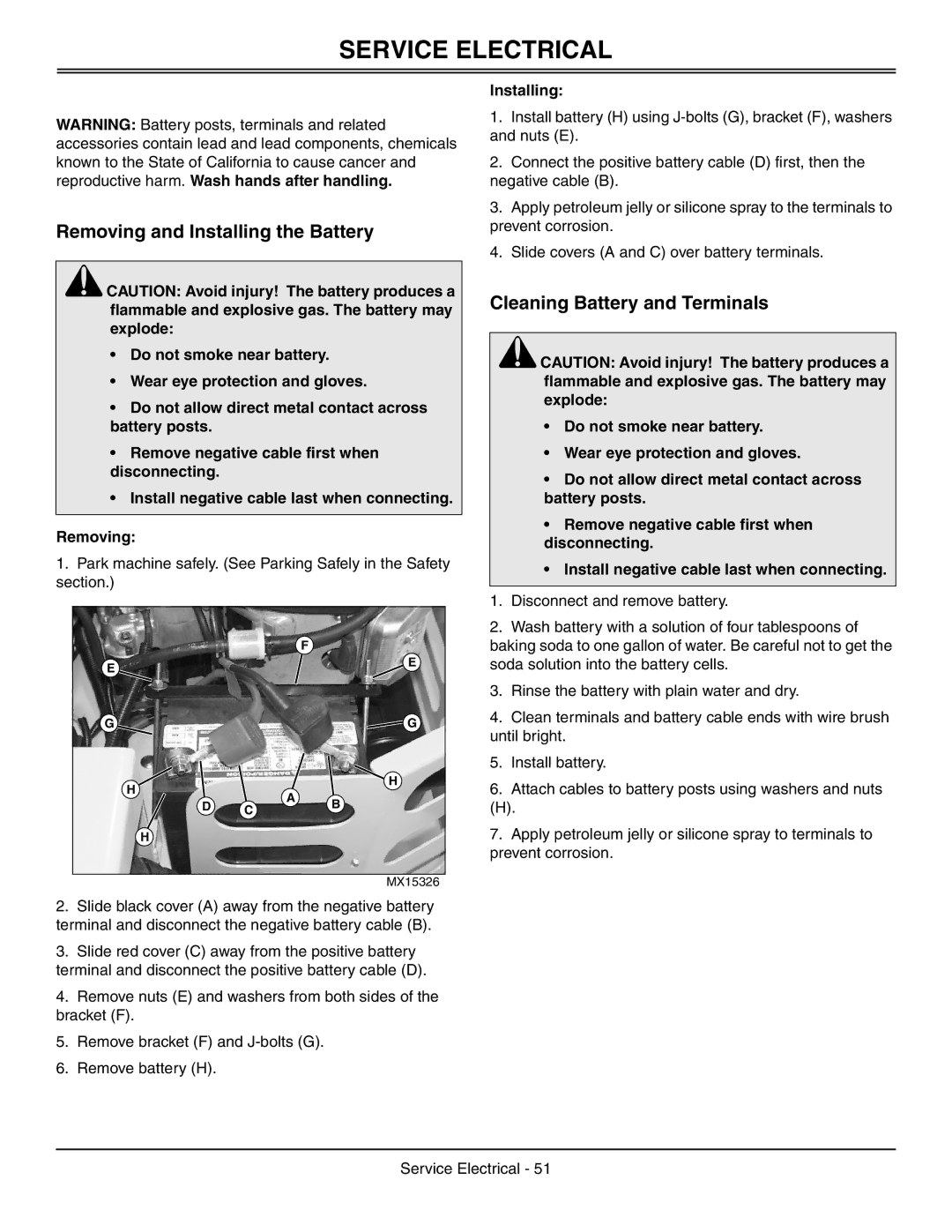 Great Dane GDRZ72-28KHE manual Service Electrical, Removing and Installing the Battery, Cleaning Battery and Terminals 