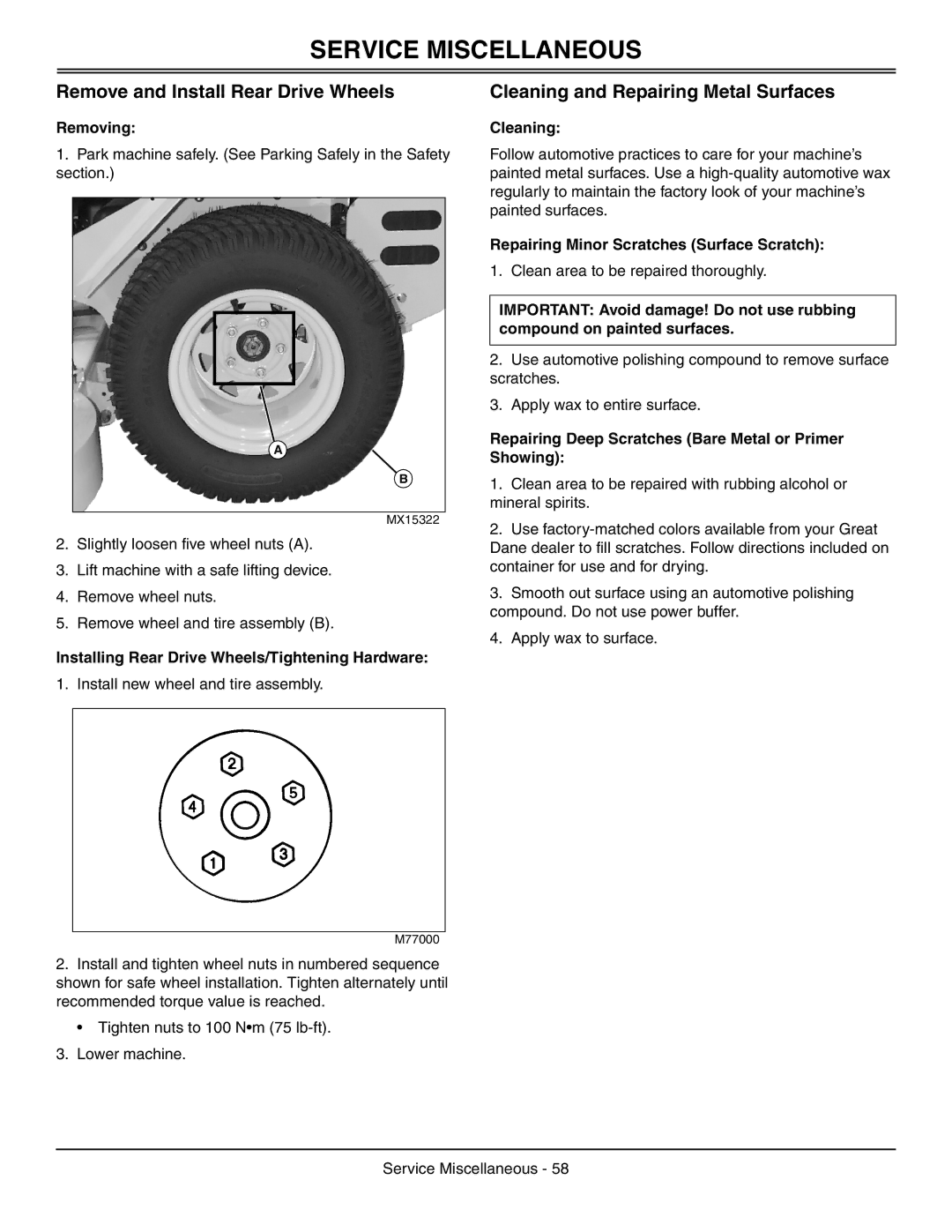 Great Dane GDRZ61-28KHE, GDRZ72-27KHE manual Remove and Install Rear Drive Wheels, Cleaning and Repairing Metal Surfaces 