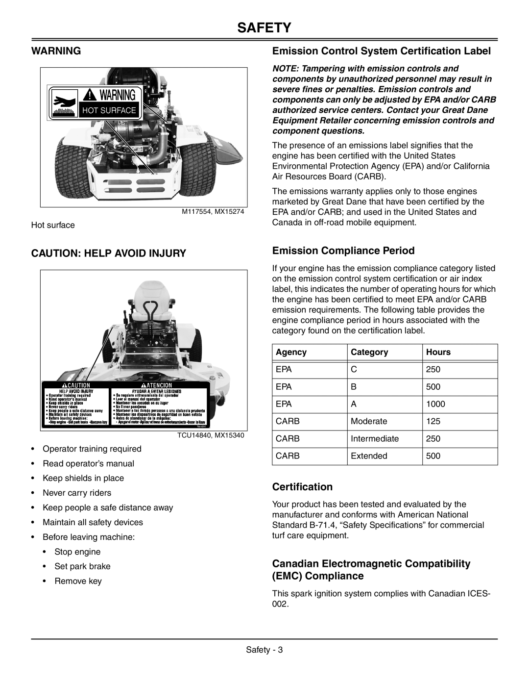 Great Dane GDRZ72-28KHE Emission Control System Certification Label, Emission Compliance Period, Agency Category Hours 