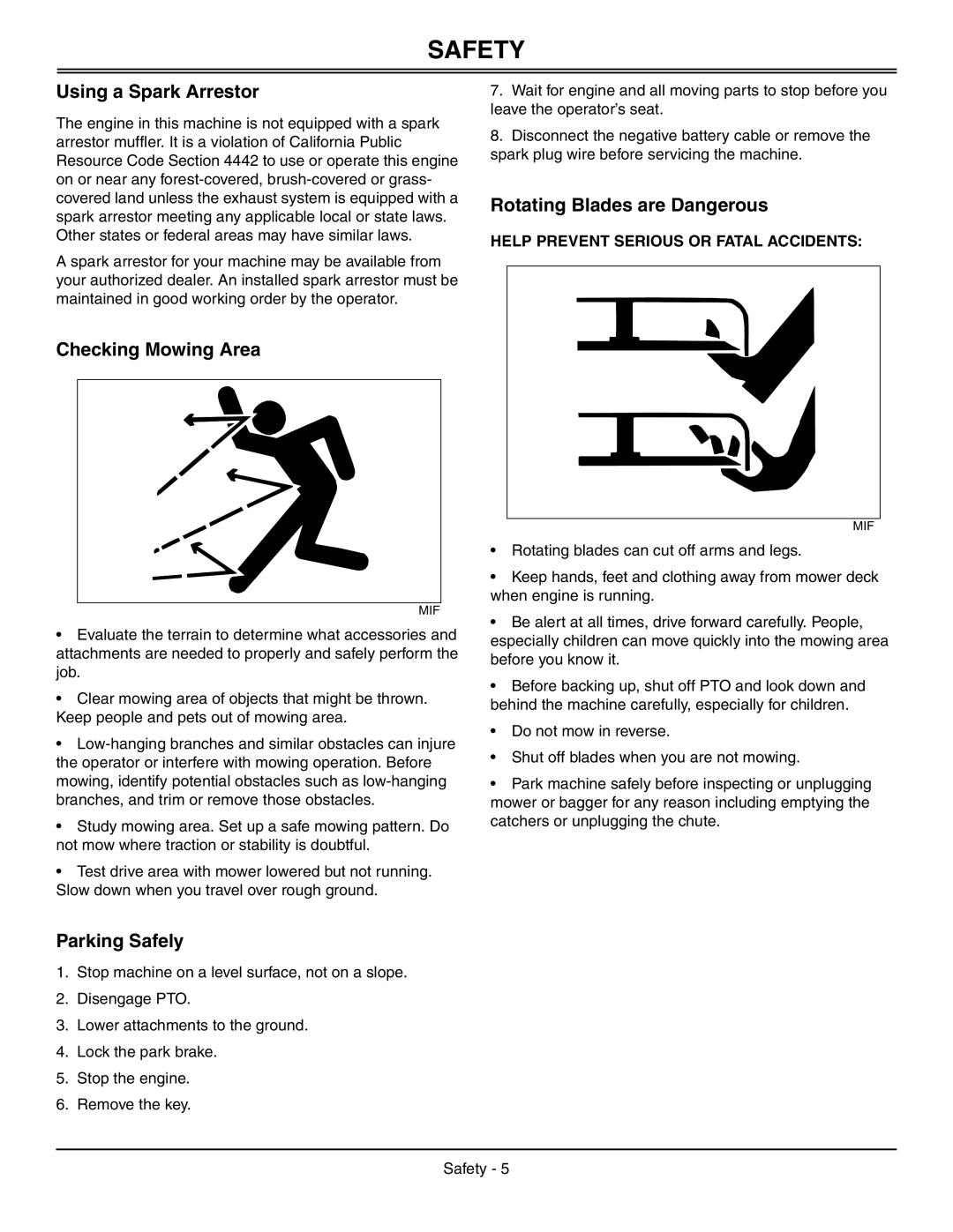 Great Dane GDRZ61-27KHE manual Using a Spark Arrestor, Checking Mowing Area, Parking Safely, Rotating Blades are Dangerous 