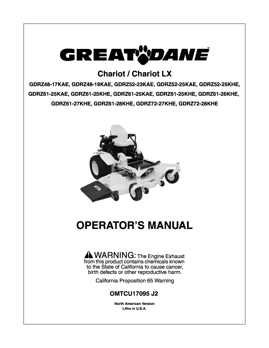 Great Dane GDRZ61-25KAE manual GDRZ48-17KAE, GDRZ48-19KAE, GDRZ52-23KAE, GDRZ52-25KAE, GDRZ52-25KHE, Operator’S Manual 