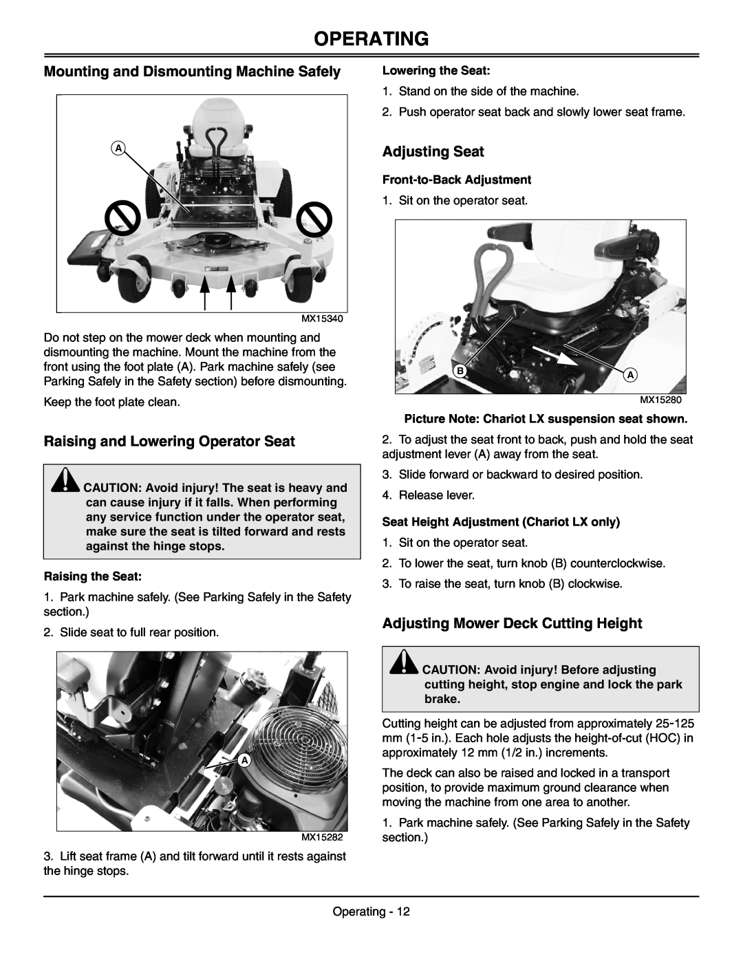Great Dane GDRZ52-25KHE manual Mounting and Dismounting Machine Safely, Raising and Lowering Operator Seat, Adjusting Seat 