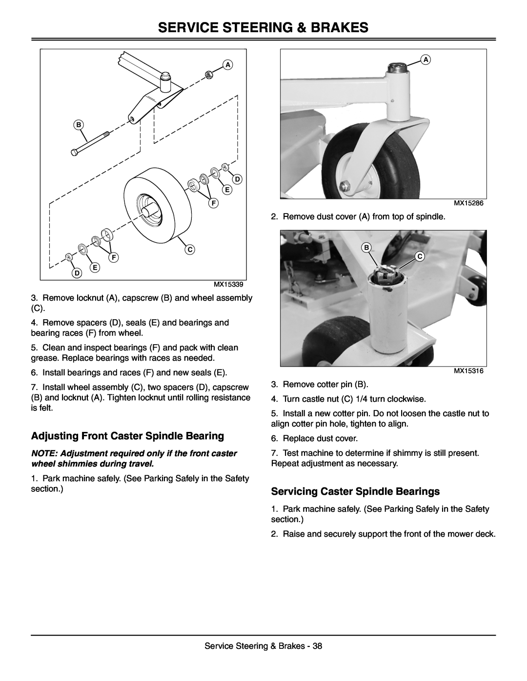Great Dane GDRZ52-25KAE, GDRZ72-27KHE manual Adjusting Front Caster Spindle Bearing, Servicing Caster Spindle Bearings 