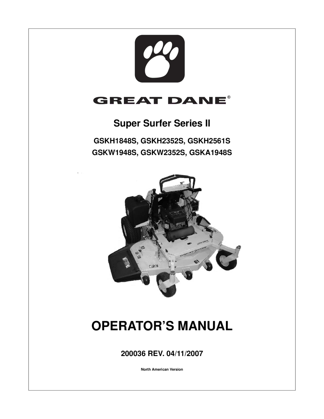 Great Dane GSKW2352S, GSKW1948S, GSKH1848S, GSKH2352S, GSKH2561S manual OPERATOR’S Manual 