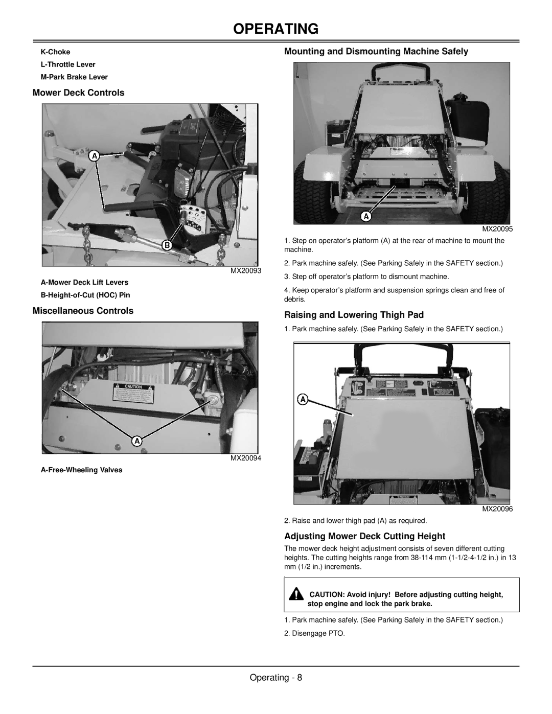 Great Dane GSKW1948S, GSKW2352S manual Mower Deck Controls, Miscellaneous Controls, Mounting and Dismounting Machine Safely 