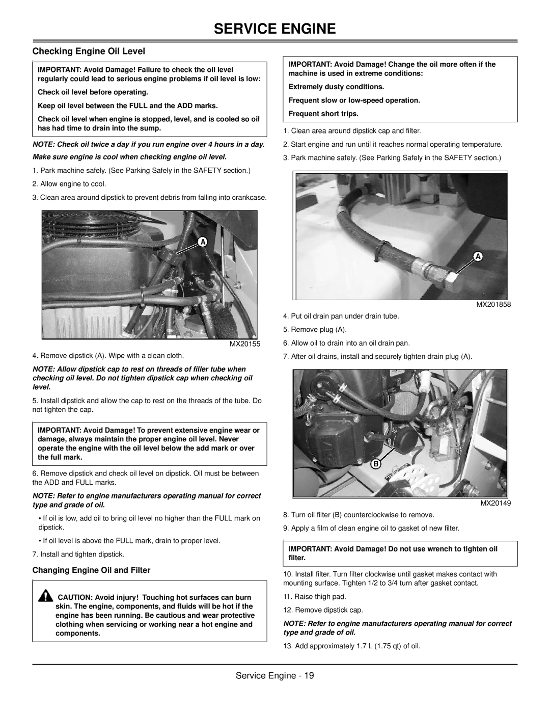 Great Dane GSKW2352S, GSKW1948S, GSKH1848S, GSKH2352S, GSKH2561S Checking Engine Oil Level, Changing Engine Oil and Filter 