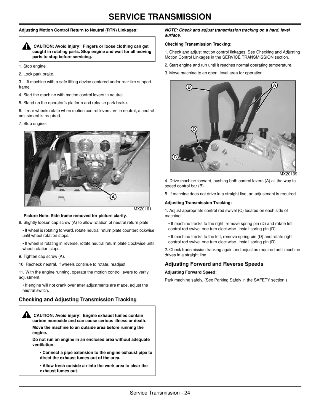 Great Dane GSKW2352S, GSKW1948S manual Checking and Adjusting Transmission Tracking, Adjusting Forward and Reverse Speeds 