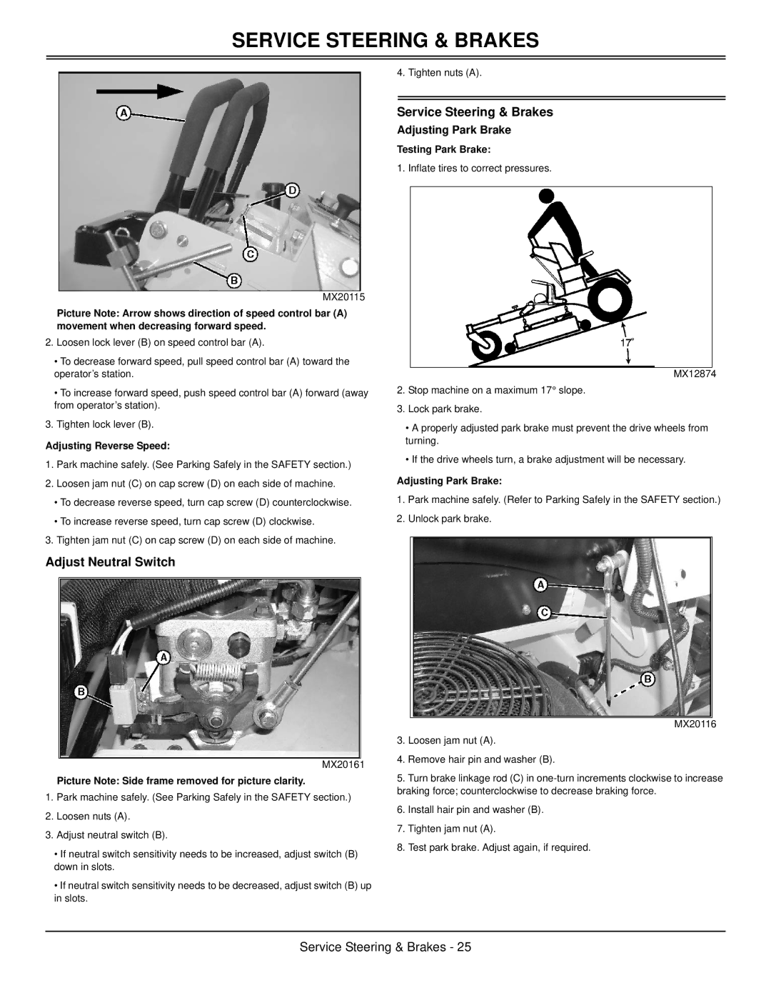 Great Dane GSKH1848S, GSKW1948S, GSKW2352S, GSKH2352S Service Steering & Brakes, Adjust Neutral Switch, Adjusting Park Brake 