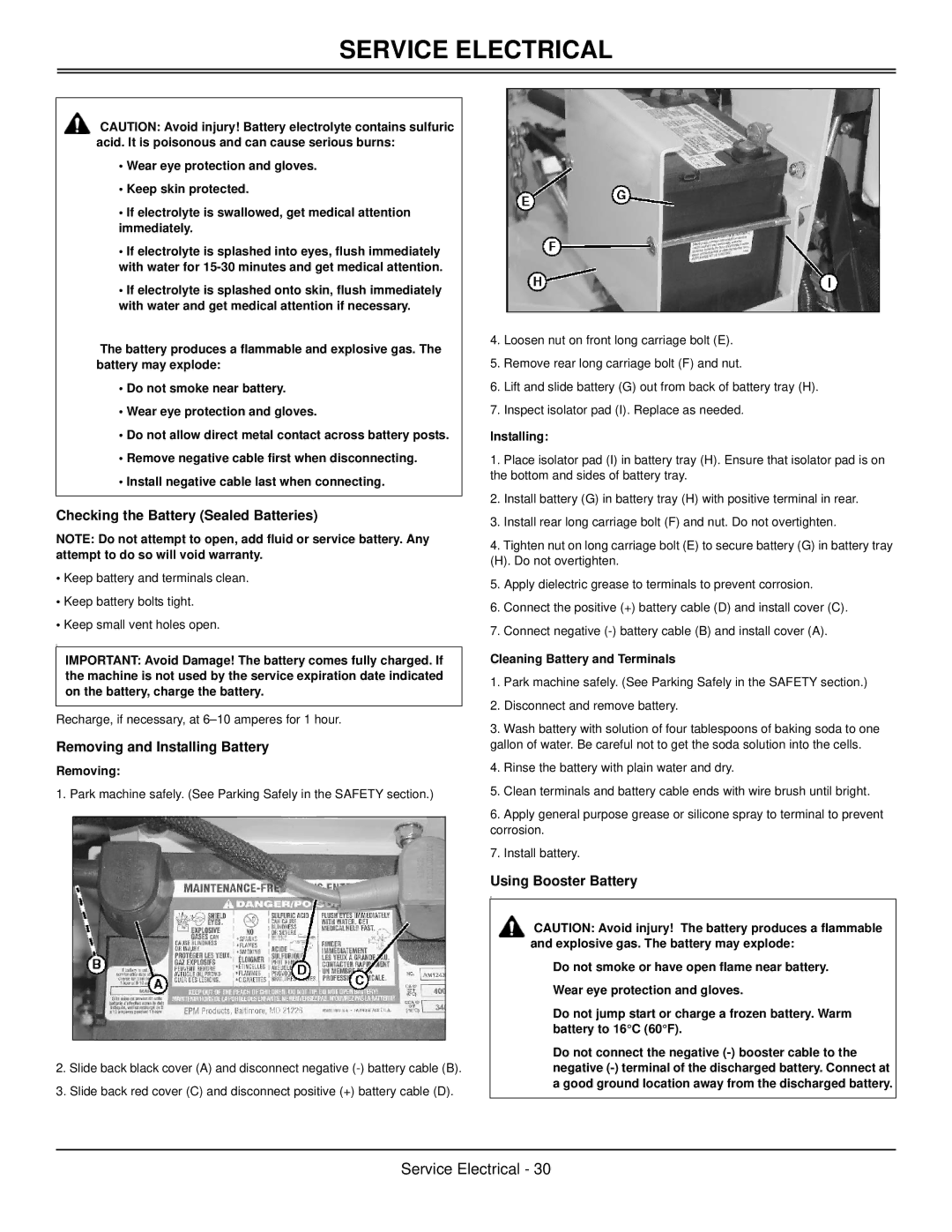 Great Dane GSKH1848S manual Checking the Battery Sealed Batteries, Removing and Installing Battery, Using Booster Battery 