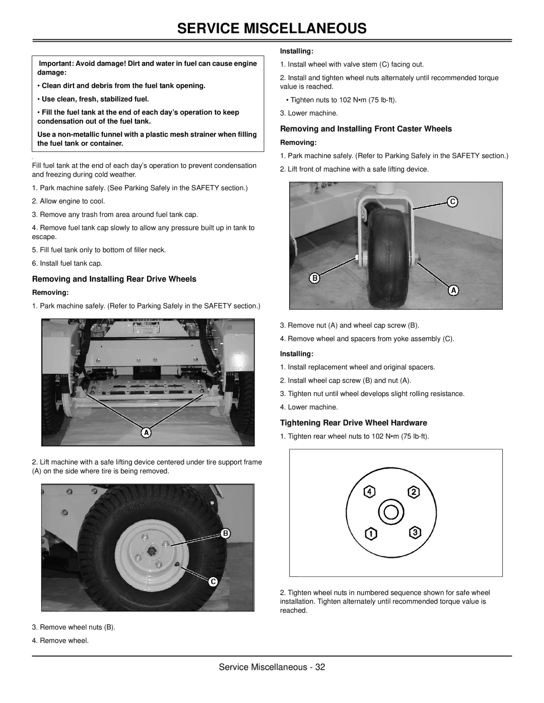 Great Dane GSKH2561S, GSKW1948S Removing and Installing Rear Drive Wheels, Removing and Installing Front Caster Wheels 