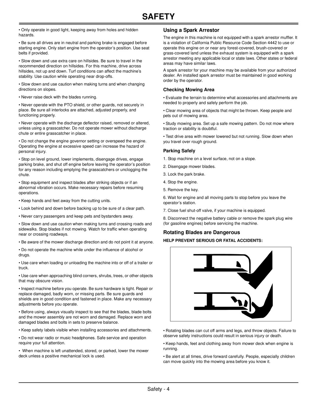 Great Dane GSKW2352S manual Using a Spark Arrestor, Rotating Blades are Dangerous, Checking Mowing Area, Parking Safely 