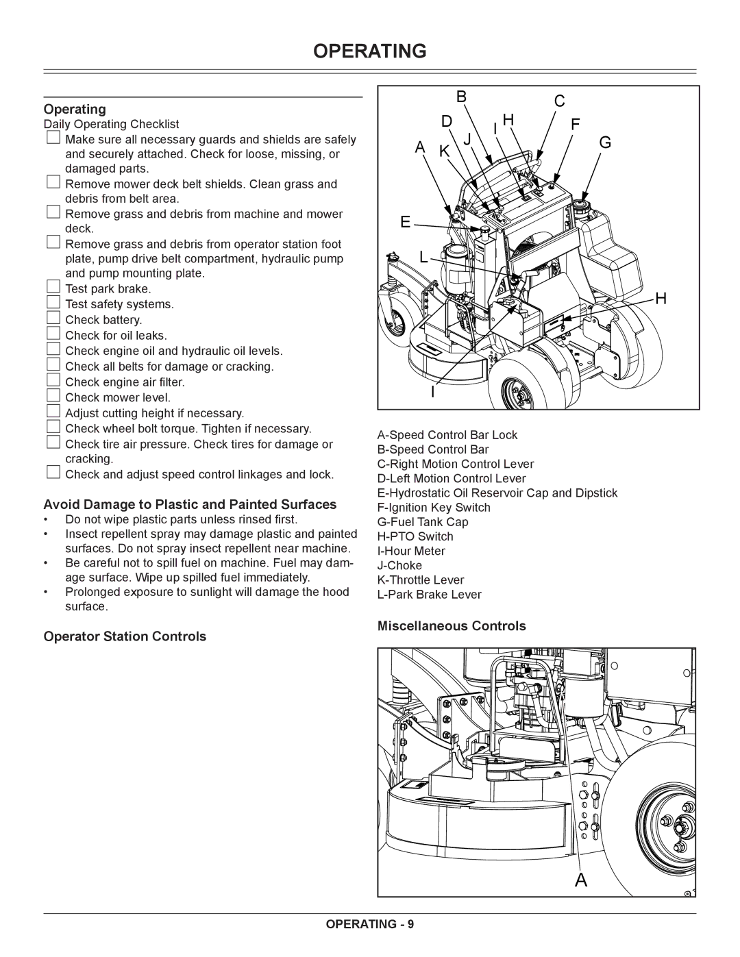 Great Dane GSRKA1934S manual Operating, Avoid Damage to Plastic and Painted Surfaces, Operator Station Controls 