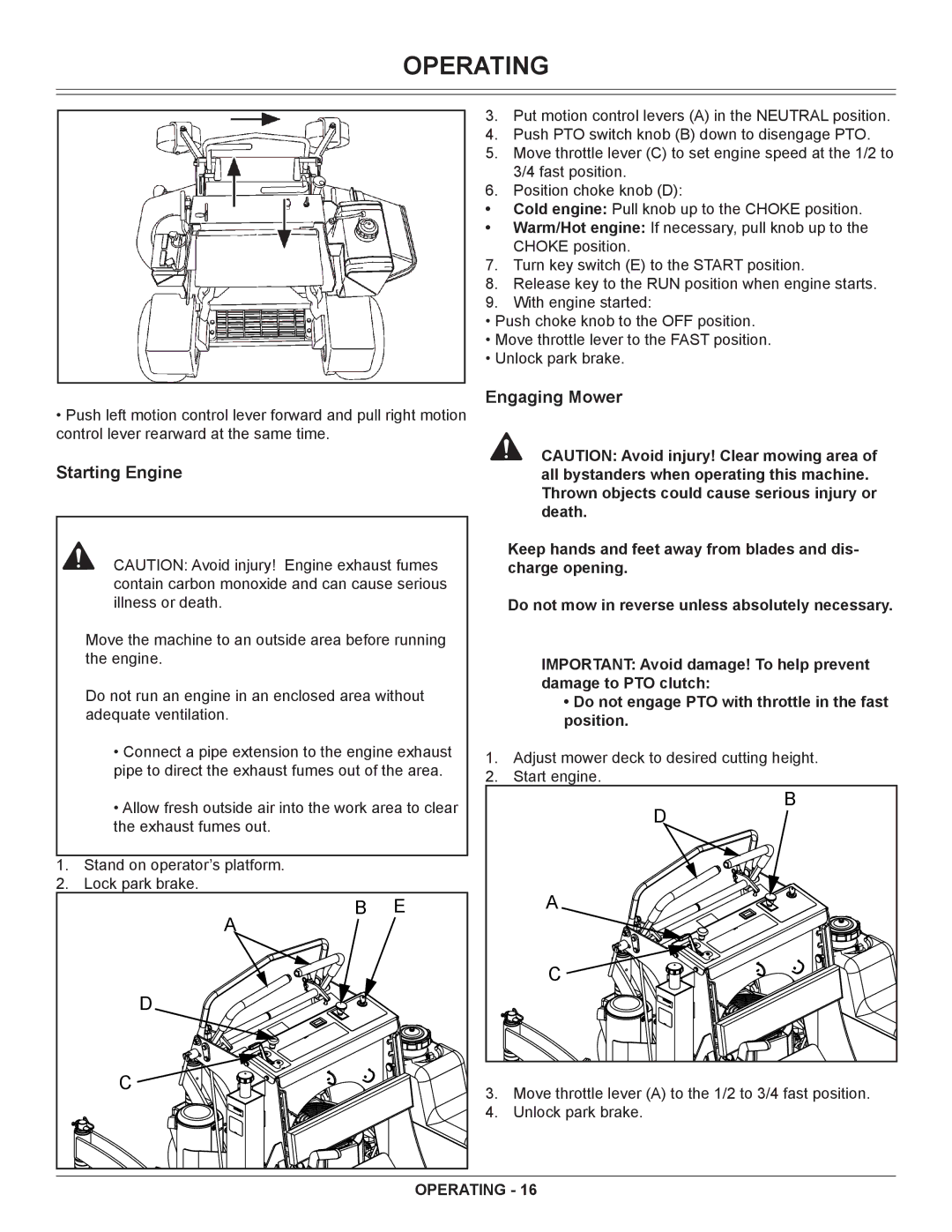 Great Dane GSRKA1934S manual Starting Engine, Engaging Mower 