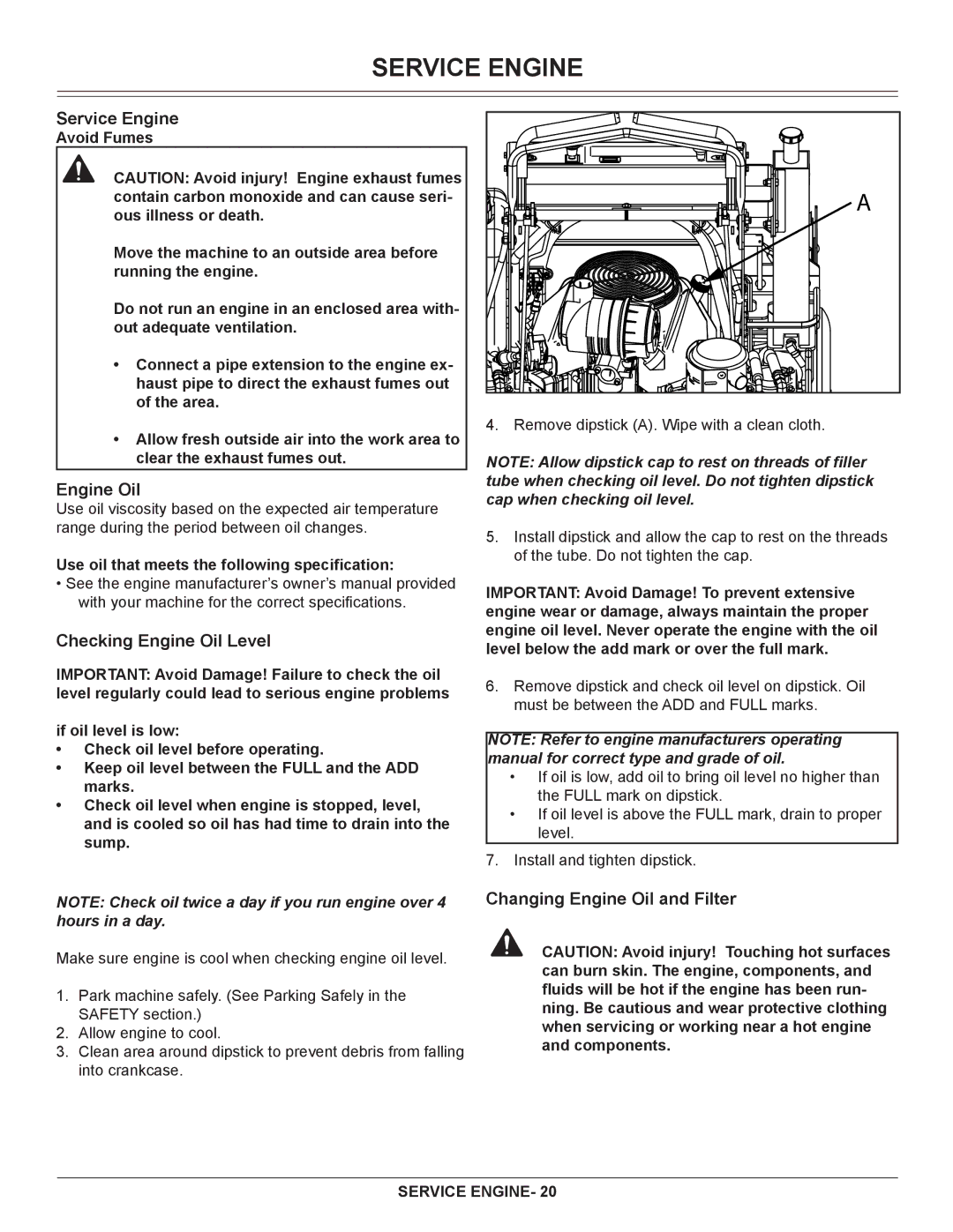 Great Dane GSRKA1934S manual Service Engine, Checking Engine Oil Level, Changing Engine Oil and Filter 