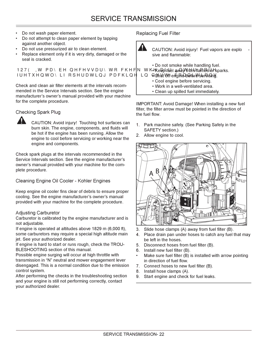 Great Dane GSRKA1934S manual Service Transmission, Replacing Fuel Filter 