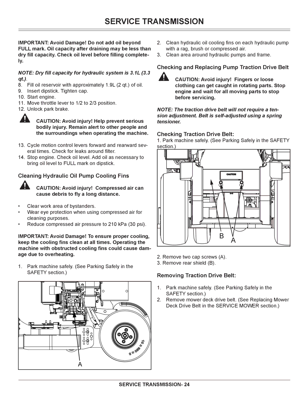 Great Dane GSRKA1934S manual Cleaning Hydraulic Oil Pump Cooling Fins, Removing Traction Drive Belt 