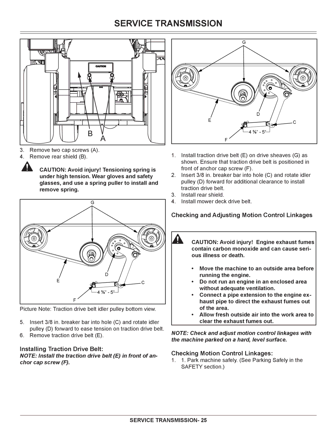 Great Dane GSRKA1934S manual Installing Traction Drive Belt, Checking and Adjusting Motion Control Linkages 