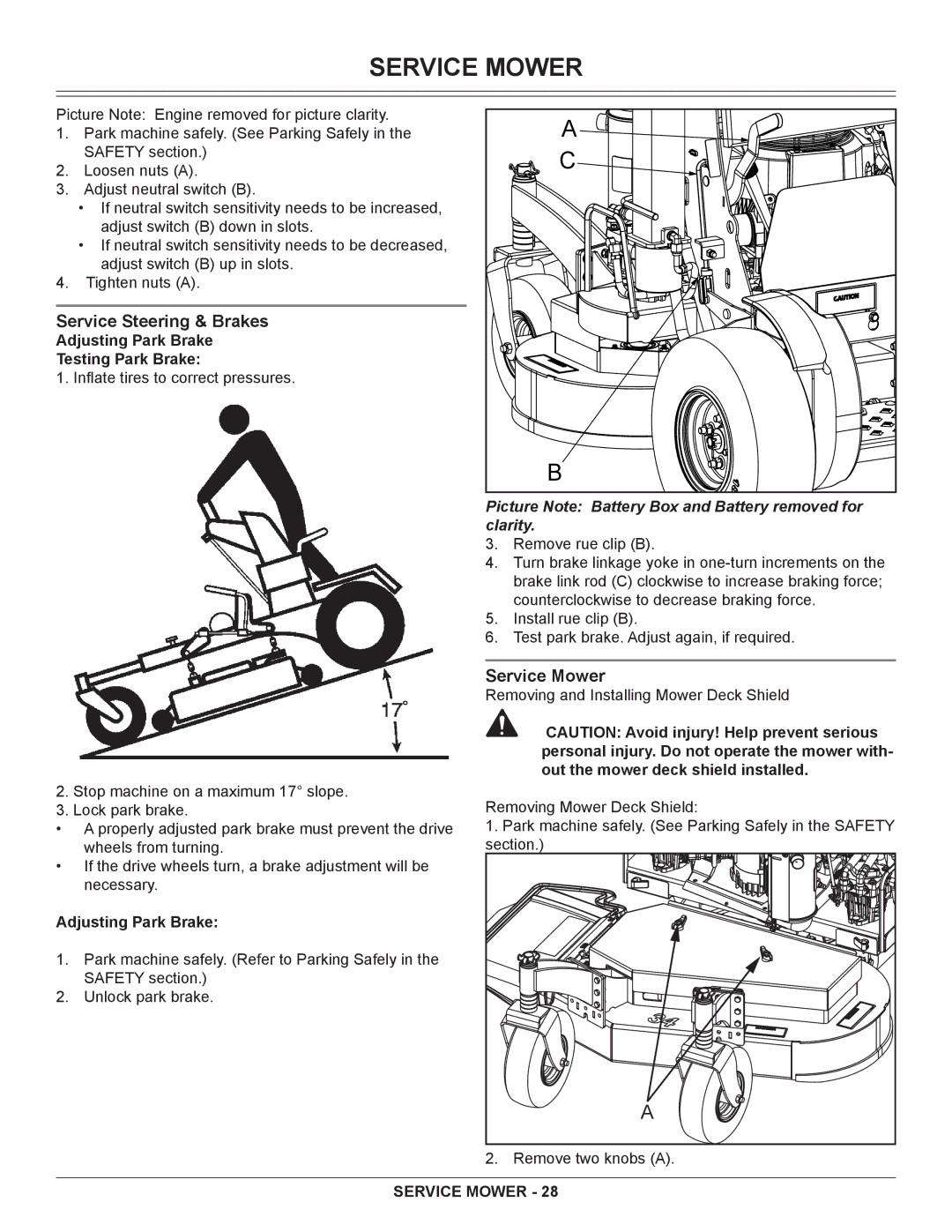 Great Dane GSRKA1934S manual Service Mower, Service Steering & Brakes, Adjusting Park Brake Testing Park Brake 