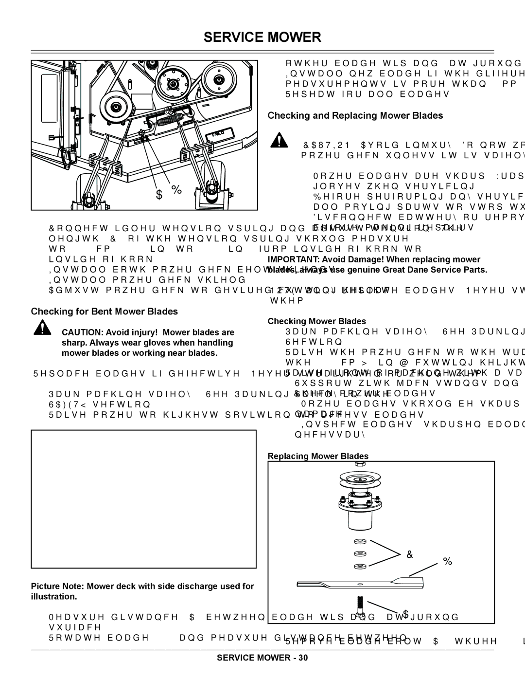 Great Dane GSRKA1934S manual Checking for Bent Mower Blades, Checking and Replacing Mower Blades 