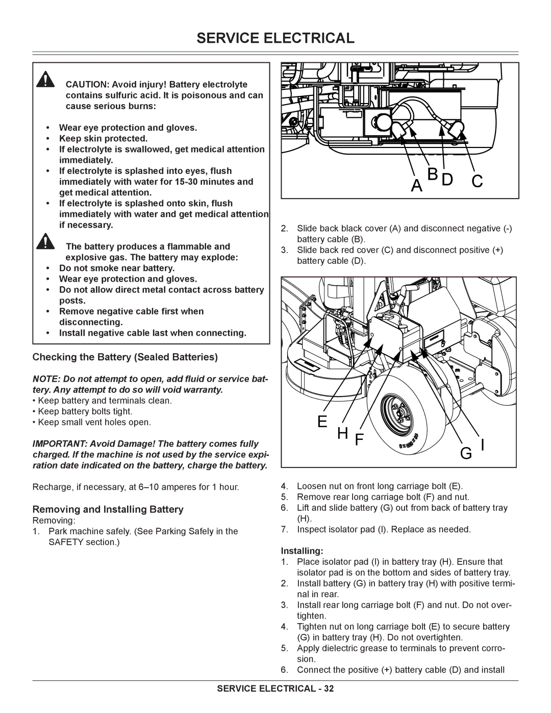 Great Dane GSRKA1934S manual Checking the Battery Sealed Batteries, Removing and Installing Battery 