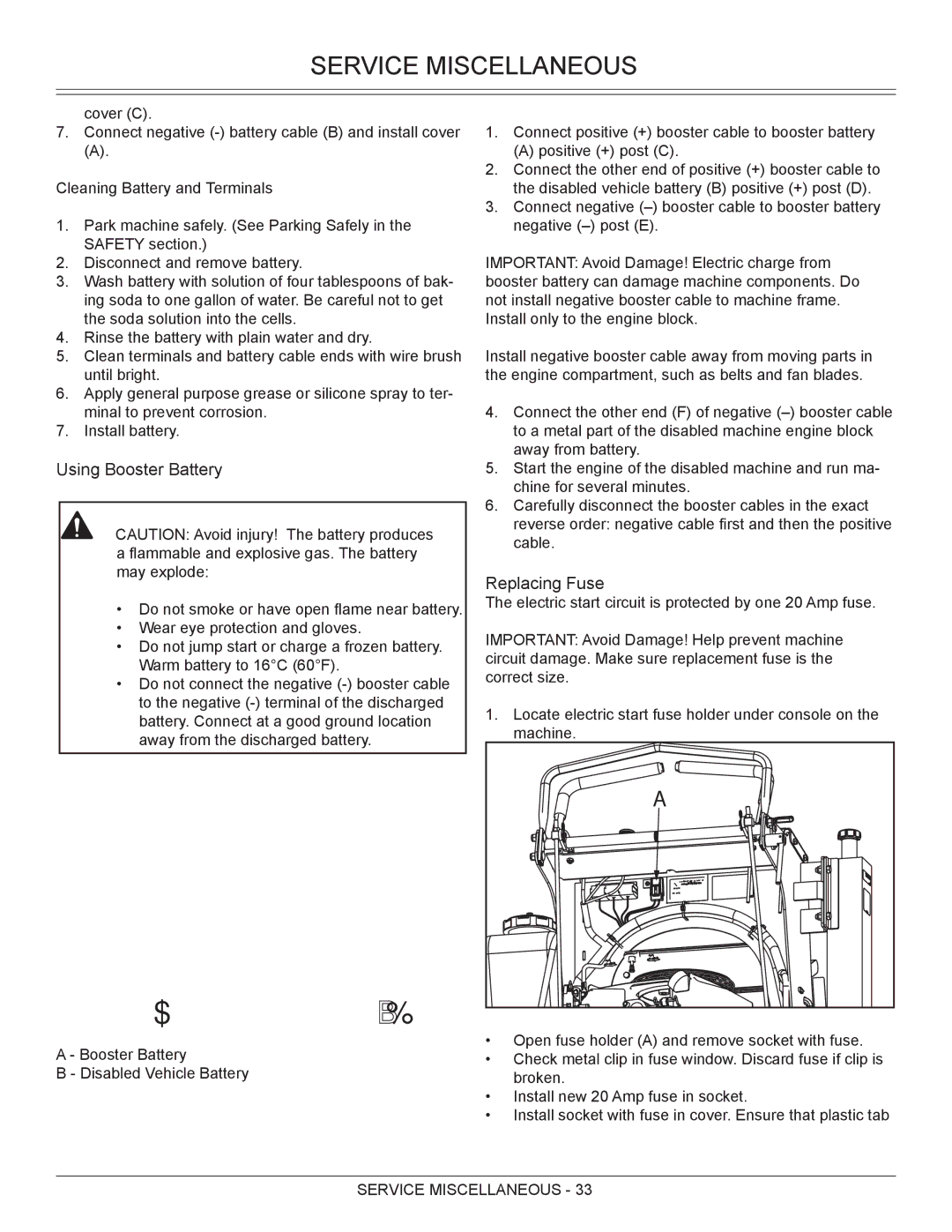 Great Dane GSRKA1934S manual Service Miscellaneous, Using Booster Battery, Replacing Fuse, Cleaning Battery and Terminals 