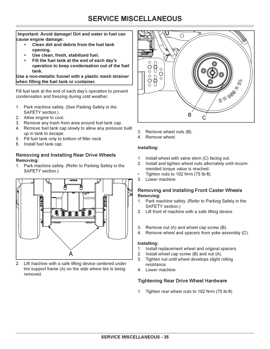 Great Dane GSRKA1934S manual Removing and Installing Rear Drive Wheels, Removing and Installing Front Caster Wheels 