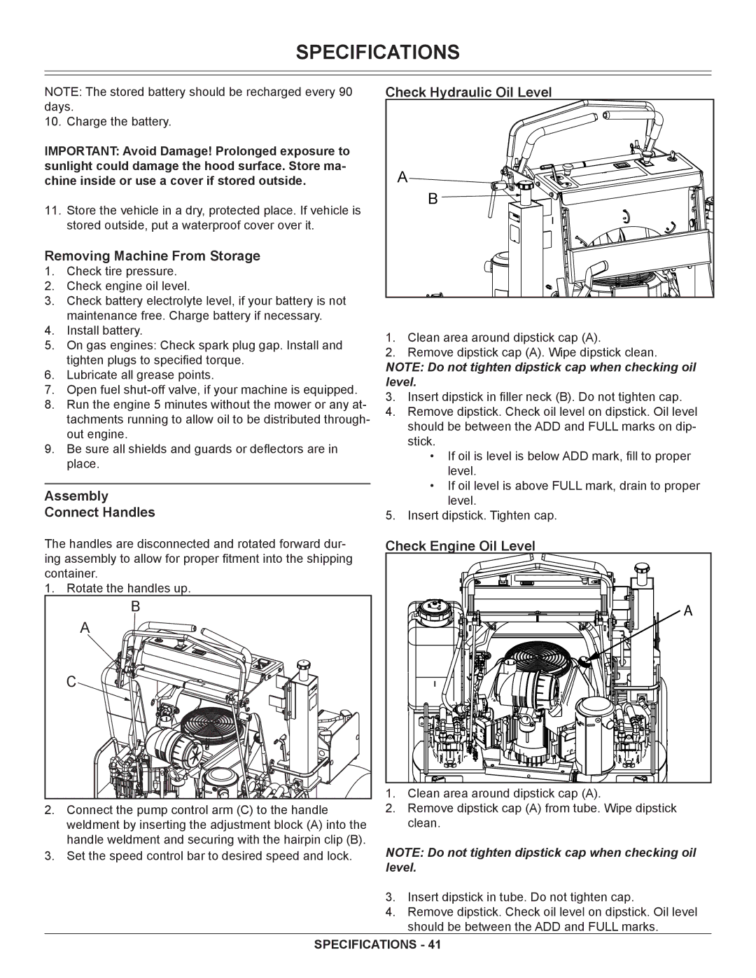 Great Dane GSRKA1934S Specifications, Check Hydraulic Oil Level, Removing Machine From Storage, Assembly Connect Handles 