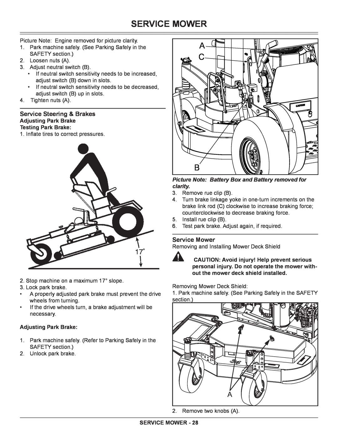 Great Dane GSRKA1934S manual Service Mower, Service Steering & Brakes, Adjusting Park Brake Testing Park Brake 