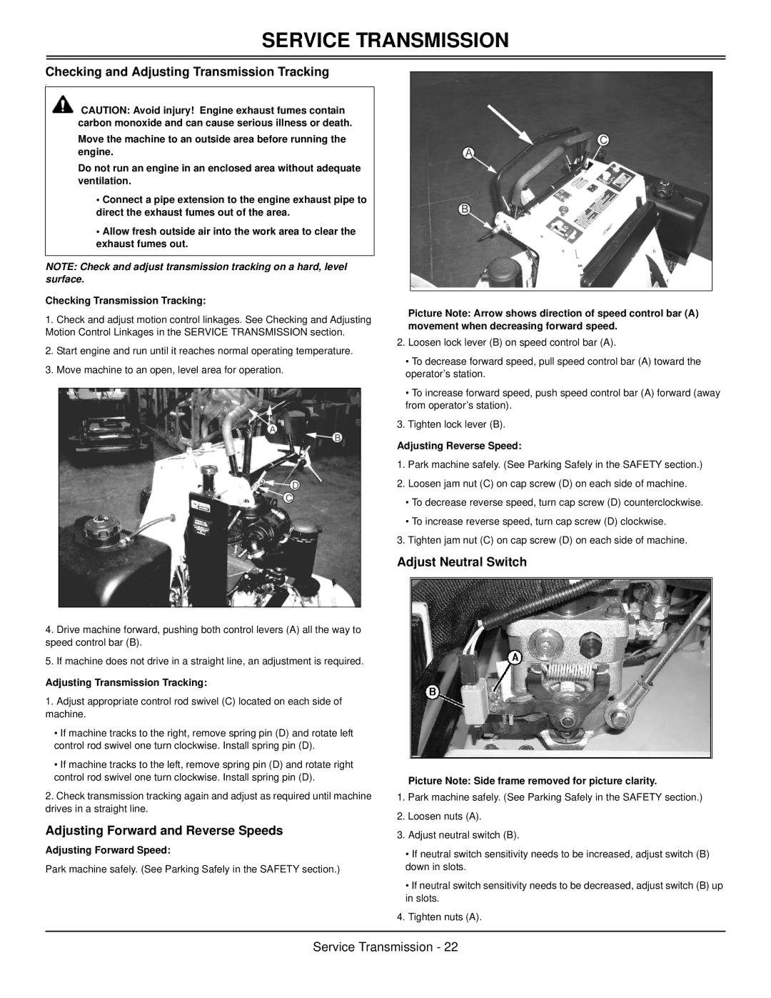 Great Dane GSRKA1952S, GSRKW2352S manual Checking and Adjusting Transmission Tracking, Adjusting Forward and Reverse Speeds 