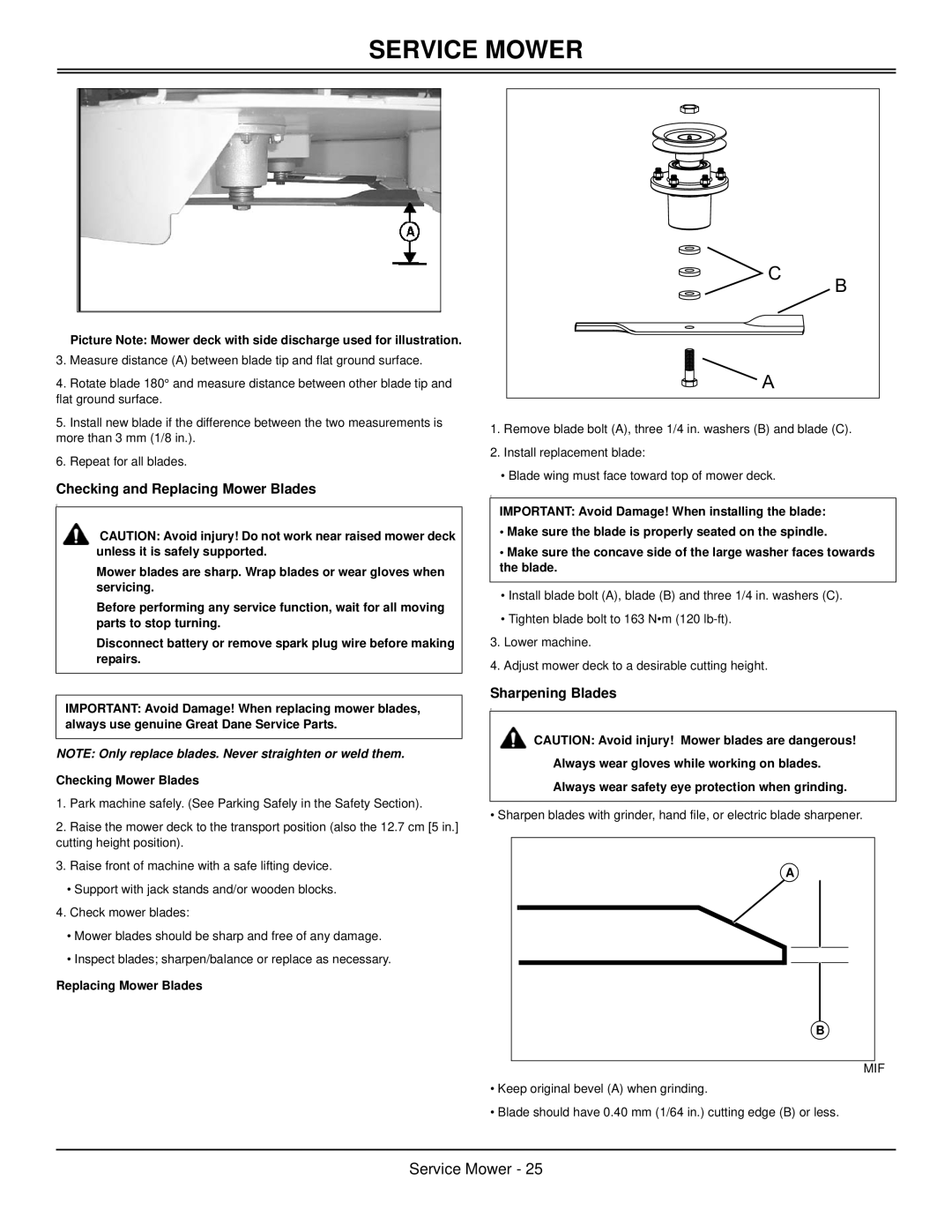 Great Dane GSRKW2352S, GSRKA1952S manual Checking and Replacing Mower Blades, Sharpening Blades 