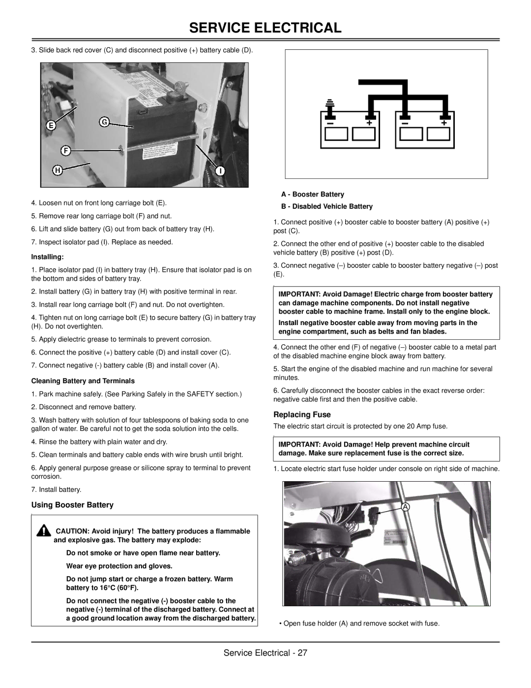 Great Dane GSRKW2352S, GSRKA1952S manual Using Booster Battery, Replacing Fuse, Installing, Cleaning Battery and Terminals 