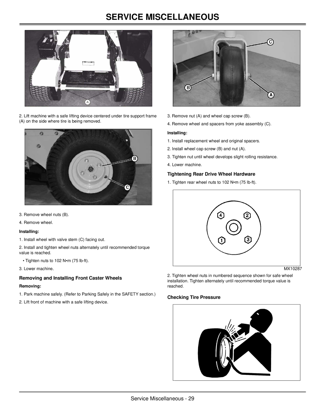 Great Dane GSRKW2352S, GSRKA1952S manual Removing and Installing Front Caster Wheels, Tightening Rear Drive Wheel Hardware 