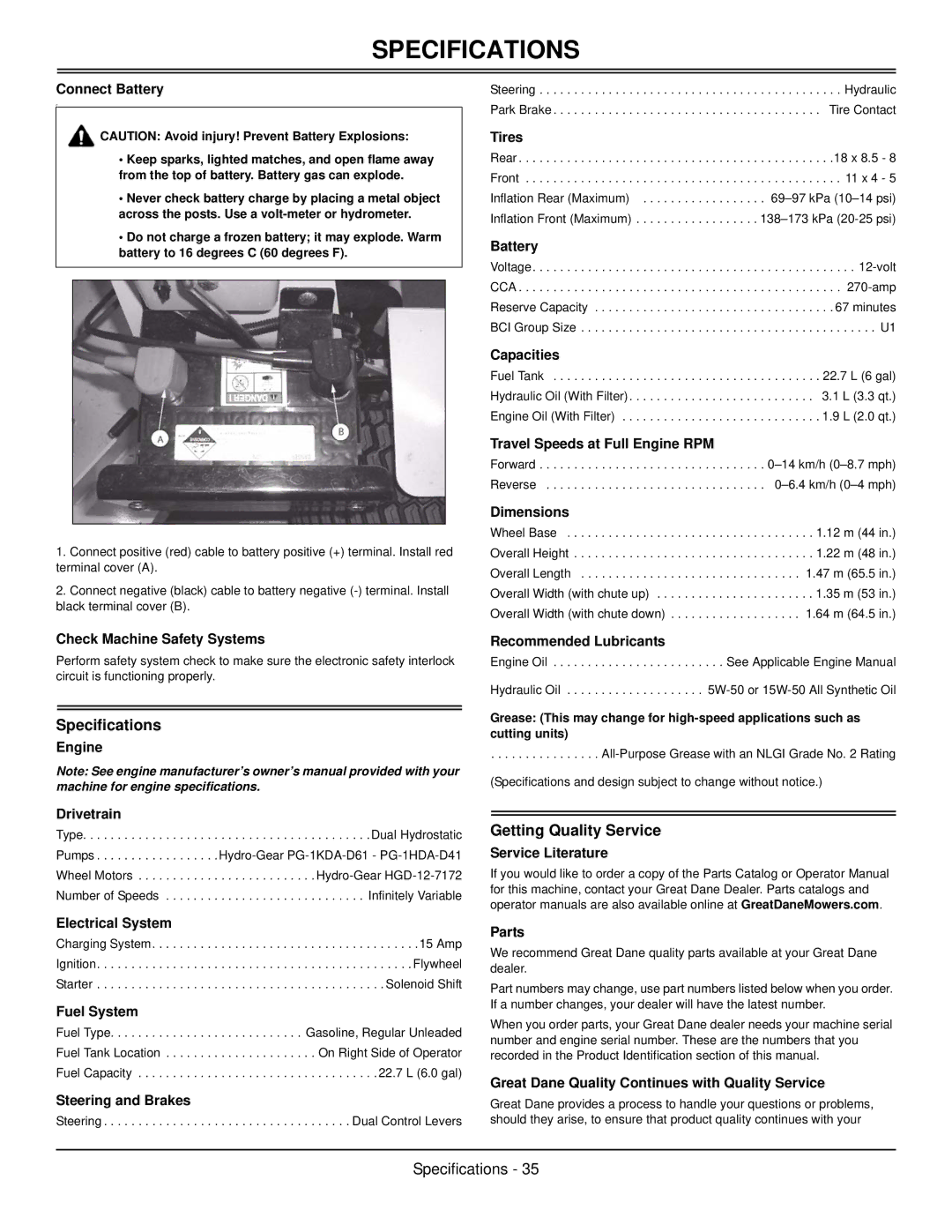 Great Dane GSRKW2352S, GSRKA1952S manual Specifications, Getting Quality Service 