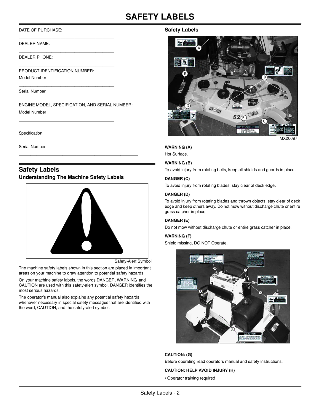 Great Dane GSRKA1952S, GSRKW2352S manual Understanding The Machine Safety Labels 