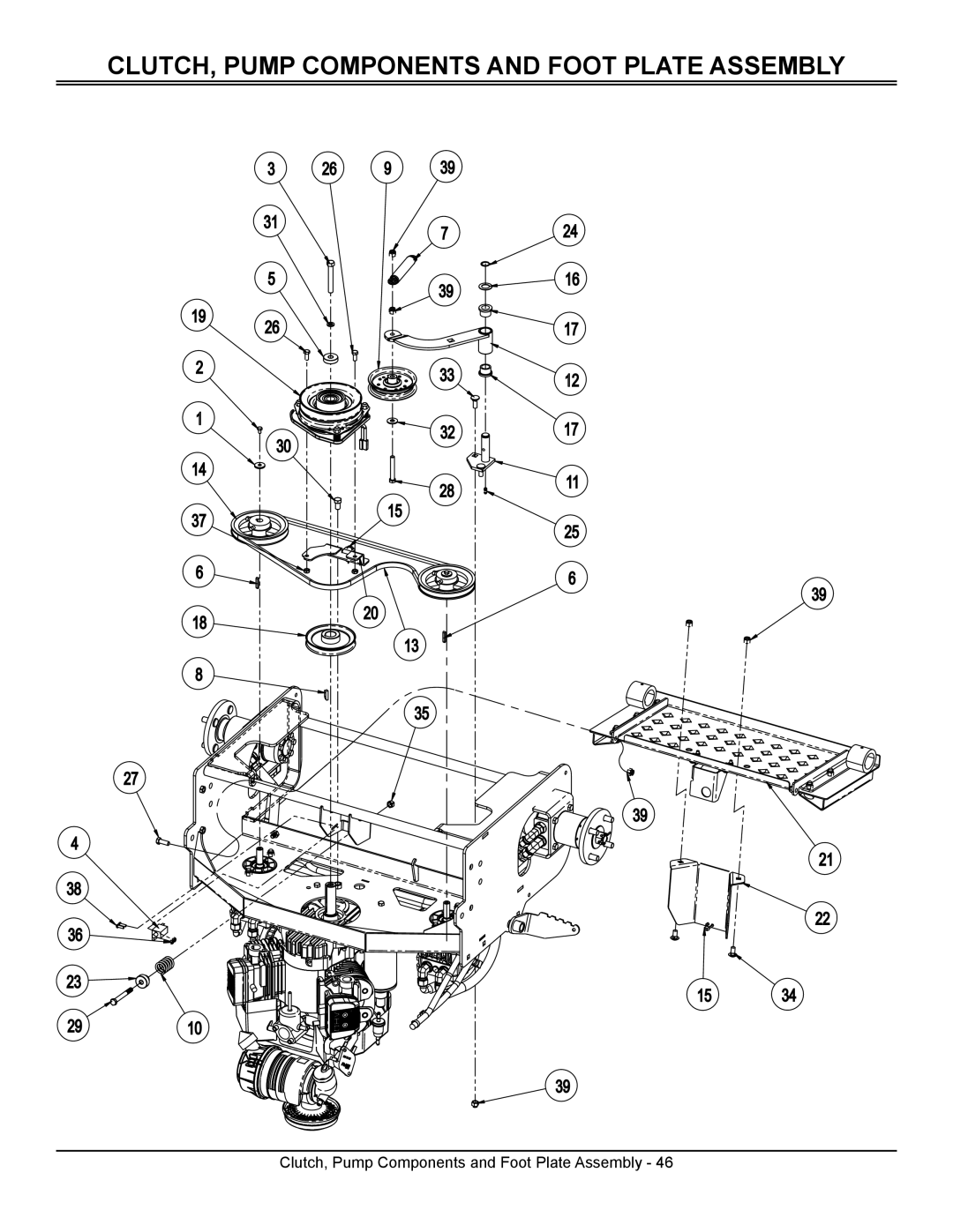 Great Dane GSRKA1952S, GSRKW2352S manual CLUTCH, Pump Components and Foot Plate Assembly 