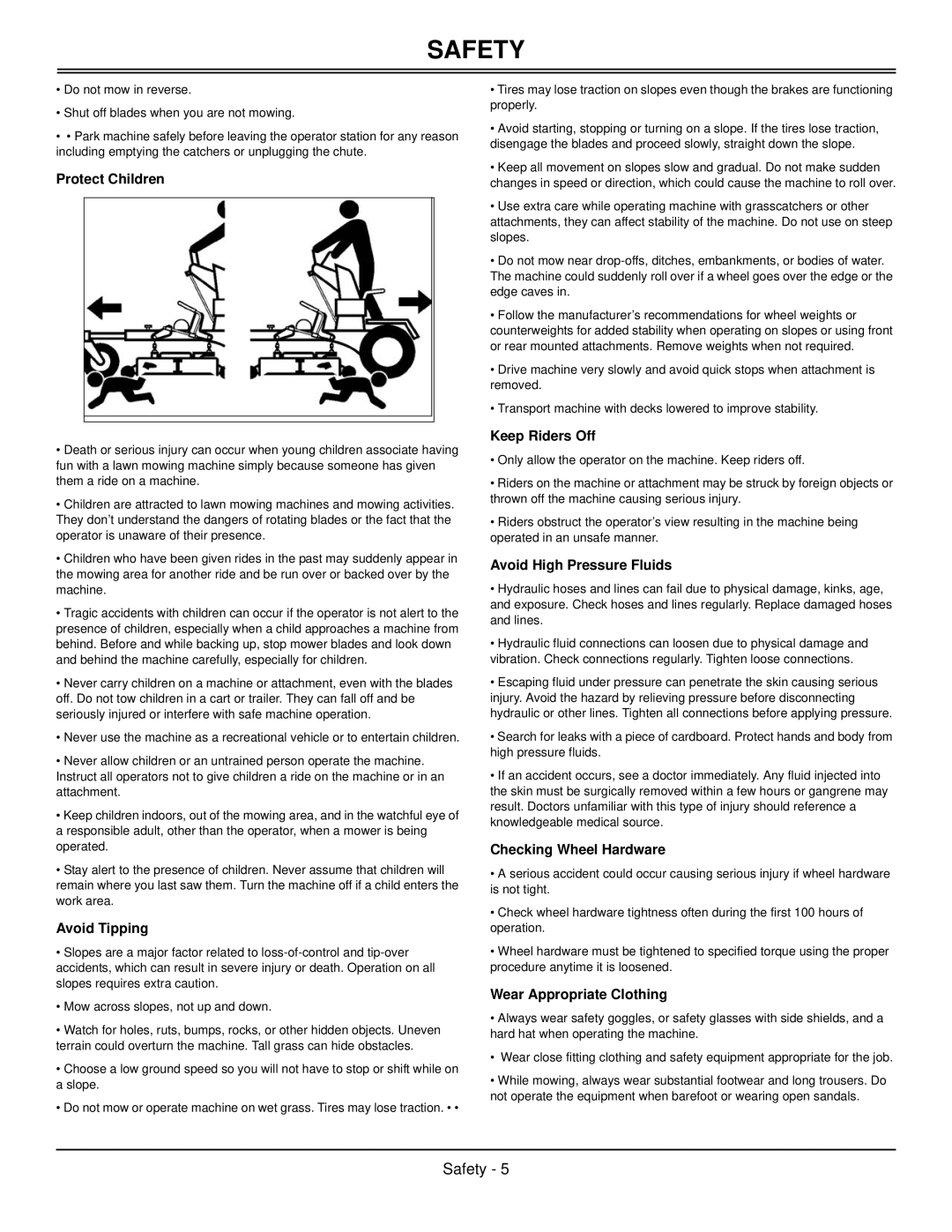 Great Dane GSRKW2352S, GSRKA1952S manual Protect Children, Avoid Tipping, Keep Riders Off, Avoid High Pressure Fluids 