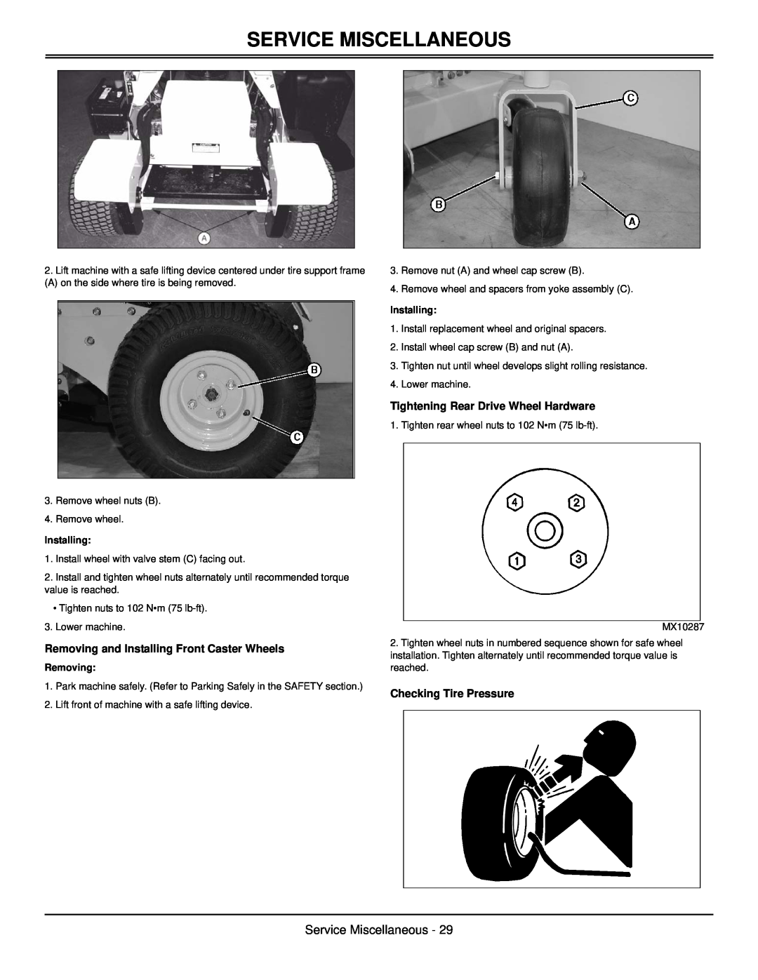 Great Dane GSRKW2352S manual Service Miscellaneous, Removing and Installing Front Caster Wheels, Checking Tire Pressure 